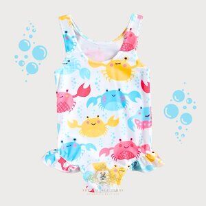NWT Pretty Girls One-Piece Swimsuit Swimwear for Kids Little Crab Fun Cute 0-6M